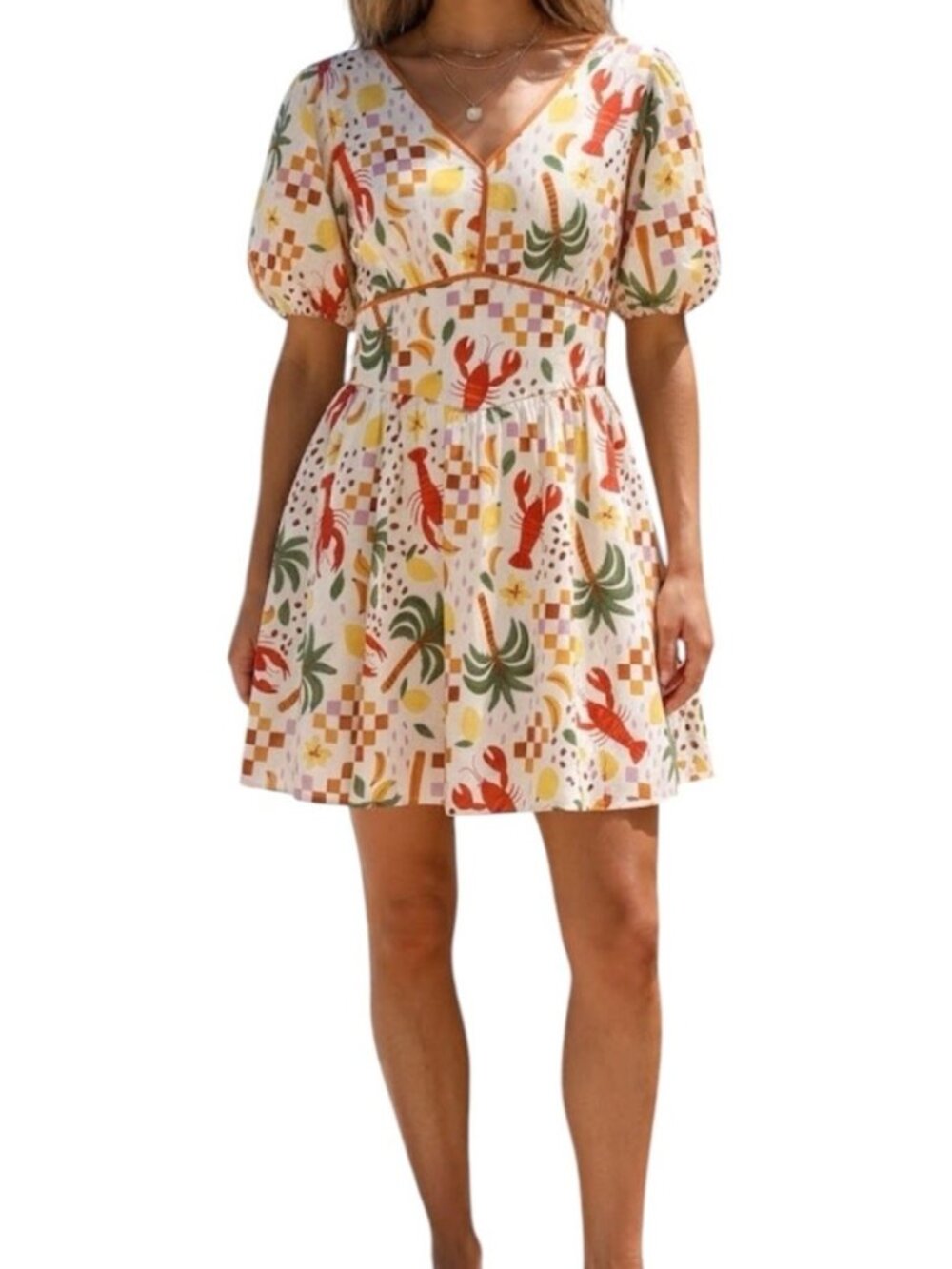 Easel Crawfish Printed Summer Party V-Neck Puff Sleeve Swing Shift Dress Large